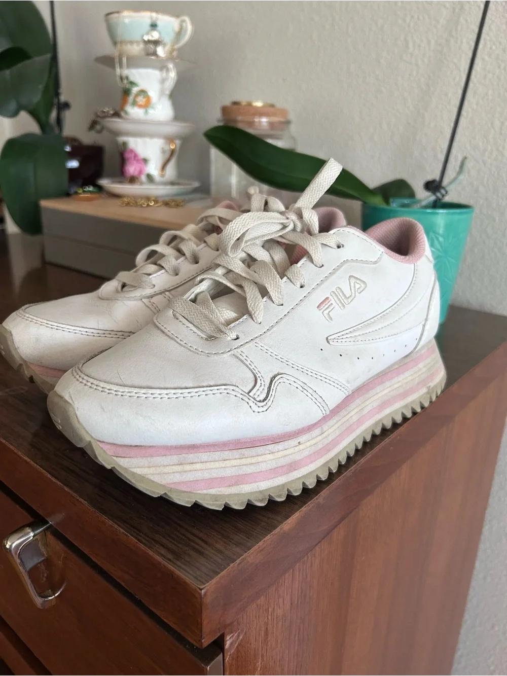 FILA White and Pink Women's Platform Sneakers